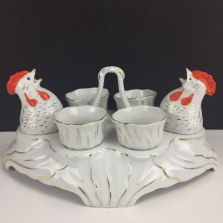 Vintage P.  A.  L.  T.  Rooster Egg Cups And Salt & Pepper Shaker Set Porcelain - Czech