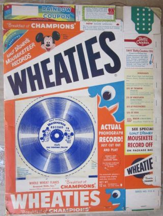 Vintage 1950s Wheaties Cereal Box With 78rpm Record Attached - Disney Mouseketeer