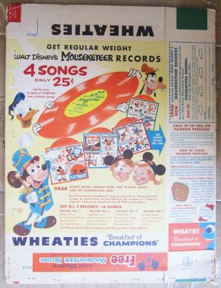 Vintage 1950s Wheaties Cereal Box With 78rpm Record Attached - Disney Mouseketeer 2