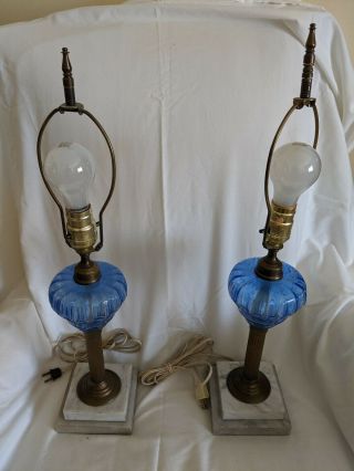 Vintage Blue Glass Lamps With Marble Base