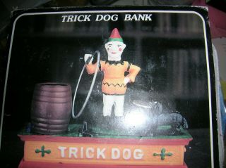 Vtg Cast Iron Mechanical " Trick Dog " Coin Bank W/clown And Dog,