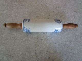 Vintage Stoneware Rolling Pin W/ Wooden Handles,  Floral Pattern