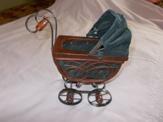Vintage Ornate Baby Doll Stroller Buggy Carriage Wood Metal Wheels Fabric 11x9