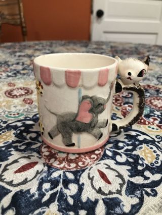 Vintage " All Gone " Pink Baby Girl Carousel Animals Cup/mug With Deer Handle