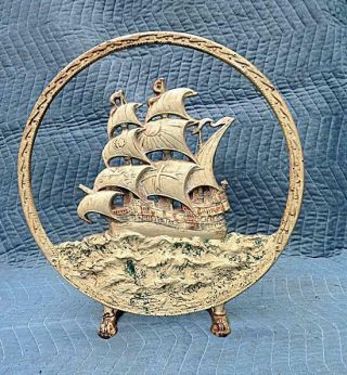 Vintage Painted Cast Iron Fireplace Screen Insert Sailing Ship Galleon Nautical