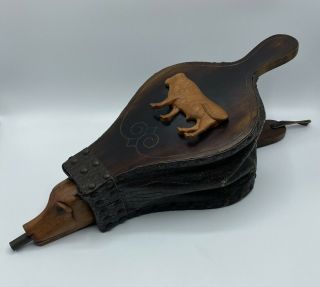 Vintage Wood Leather Chimney Fire Air Blower Decorative Unique Cow Dog