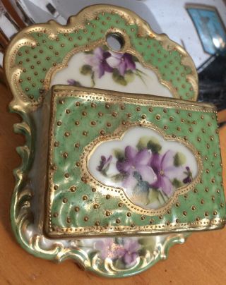 Antique Nippon Moriage Hand Painted Porcelain Match Safe Holder Wall Pocket