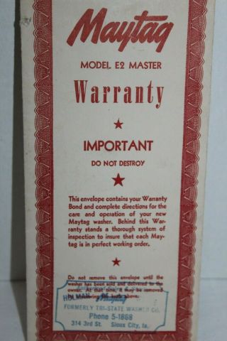 Vintage MAYTAG Model E2 Master WASHING MACHINE & INSTRUCTION BOOKLET 2