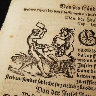 1560 Cosmographia Munster Man Being Butchered Single Leaf Incunable Woodcut Rare