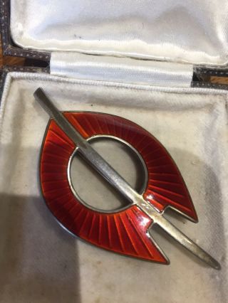 Vintage 1960s Norway Sterling Silver Red Enamel Modernist Design Brooch Pin