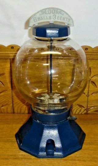 Old Blue Simpson Leebold Cast Iron 1 Cent Look 6 Balls 3 Cents Gumball Machine