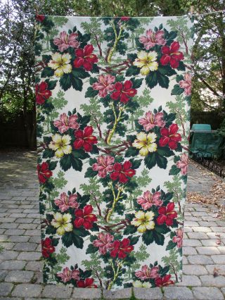 Pair Vtg Barkcloth Drape Curtain Panels Floral Hibiscus Red Pink White 83l X 41w