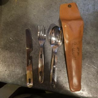 Vintage Boy Scout Imperial Stainless Steel Fork Knife Spoon Utensil Set W Case
