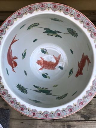 Vintage Chinese Porcelain Famille Rose Fish Bowl Planter Jardiniere Signed 2
