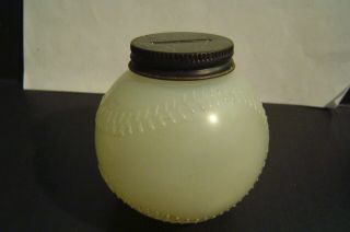Vintage White Glass " Baseball " Coin Bank With Screw Top Lid Candy Container ?