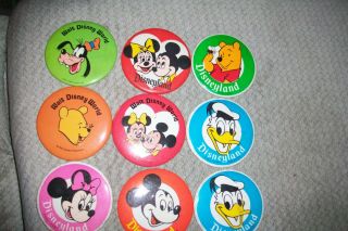 9 Vintage Walt Disney Production 3 1/2 " Character Button Pins Mickey Minnie Pooh