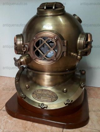 Antique Brass Diving Divers Helmet Vintage Mark V Full Size With Wooden Base