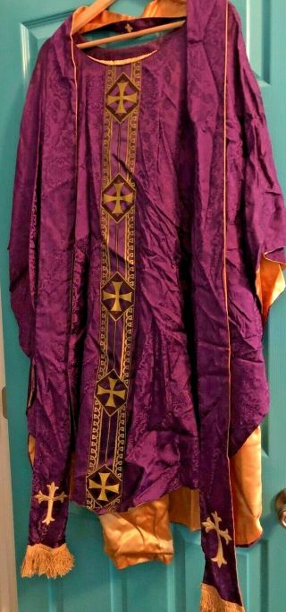 Gorgeous Vintage Catholic Priests 3 Piece Purple Brocade & Gold Chasuble Set