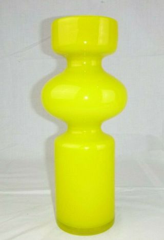 Vtg ? Mid Century Mod Large Yellow & White Cased Art Glass Hooped Vase 13.  5 " H
