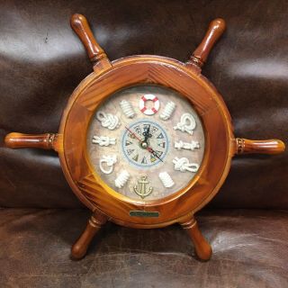 Vintage Bahamas Ship Boat Steering Wheel Style Nautical Wood Wall Decor Clock