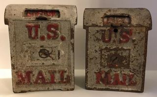 2 Antique Cast Iron Us Mail Box Still Banks W/lift Up Slots For Coins