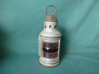 Antique Marine Or Ship Perko Lantern With Brass Cap And Brass Base & Red Glass