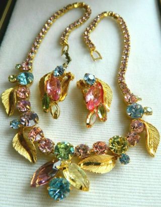 Vintage Signed Weiss Pink Yellow Green Blue Purple Rhinestone Necklace Earring