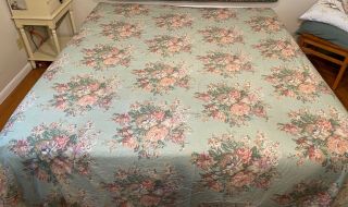 Vtg Ralph Lauren King Flat Bed Sheet Green Floral Usa Made