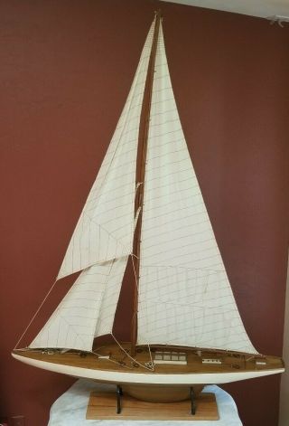 Vintage Hollow Wood Pond Yacht Model Sailboat.  Brass Details.  App.  50 " X 68 " X 9