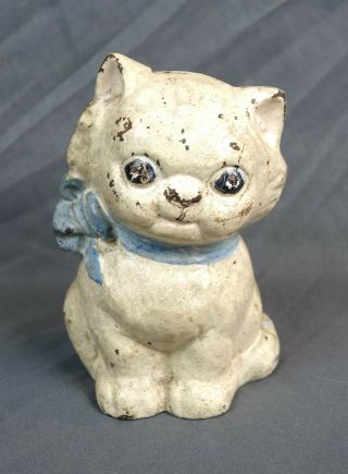 Vintage Cast Iron Still Bank Hubley Little Kitty With Blue Bow Collar Cute
