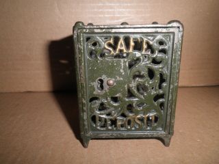 Great Old Cast Iron Green " Safe Deposit " Key Lock Safe Still Bank C1899