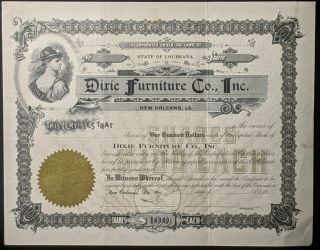 C1917 Antique Dixie Furniture Co. ,  Inc.  Stock Certificate Orleans,  Louisiana