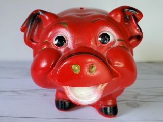 A Happy Red Piggy Bank,  An Brooks Corp Chicago Chalkware Piggy Bank Vintage Bank
