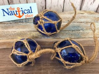 (3) X 2 " Cobalt Blue Glass Fishing Floats - Fish Net Buoy Ball W/ Rope Netting
