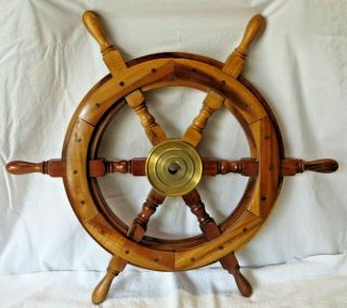 Antique Nautical Wooden 24 " Ship Wheel Brass Ring Ship Steering Wheel Wall Decor