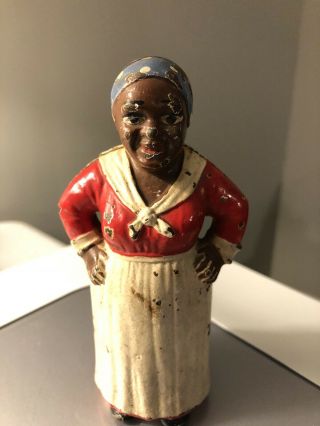 Vtg.  Black Americana Cast Iron Bank Woman In Red Dress With Apron