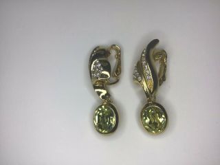 Vintage Christian Dior Crystal Gold Tone Clip On Dangle Earrings 1 1/2” Long