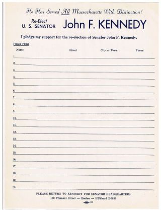 1958 Pledge Sheet " Re - Elect U.  S.  Senator John F.  Kennedy "