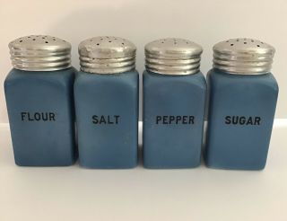 4 Vintage Milk Glass Range Top Blue Kitchen Shakers - Sugar Flour Salt & Pepper