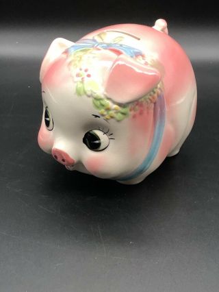 Vintage Mid Century Ceramic Pink Flowers Piggy Bank Pig Japan Collectible Cute
