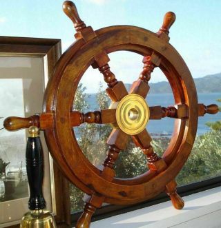 24 " Antique Brass Wooden Ship 6 Spoke Nautical Vintage Wall Decor Steering Wheel