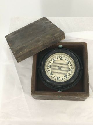 Antique Wilcox Crittendon & Co Ship Compass In Wood Box Nautical Maritime