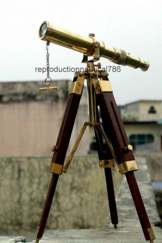 Vintage Solid Brass Telescope With Wooden Tripod Nautical Navy Ship Telescope 2