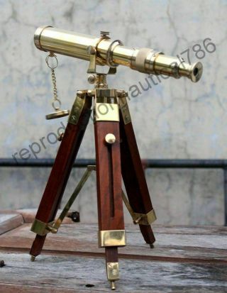 Vintage Solid Brass Telescope With Wooden Tripod Nautical Navy Ship Telescope 3