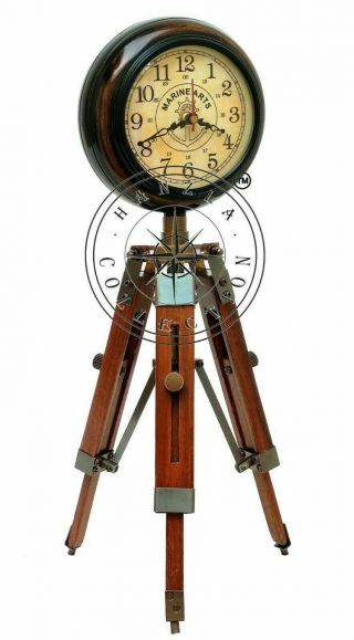 Nautical Maritime 18 " Antique Brass Table Desk Clock With Wooden Tripod Stand