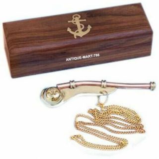 Nautical Maritime Brass/copper Boatswain Whistle Bosun Call Pipe With Wooden Box