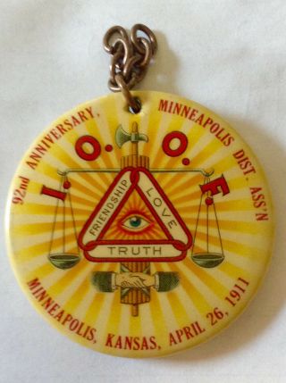92nd Anniversary 1911 Minneapolis Kansas Ioof I.  O.  O.  F Celluloid Watch Fob