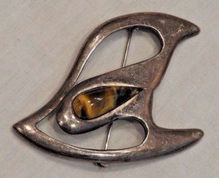 Vintage Taxco Mexico Sterling Silver Modernist Pin Brooch With Tiger 