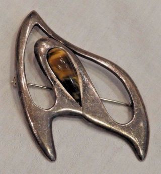 Vintage Taxco Mexico Sterling Silver Modernist Pin Brooch with Tiger ' s Eye Stone 2