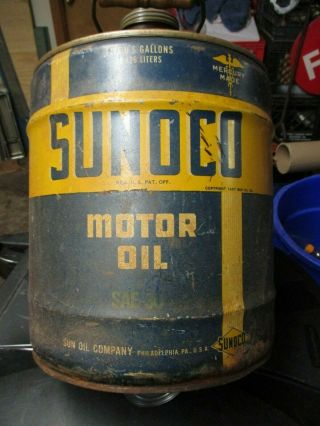 Vintage 1937 Copyright Sunoco 5 Gallon Motor Oil Can W/ Caps & Wood Handle